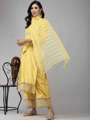 Indo Era Yellow Solid Straight Kurta Palazzo With Dupatta Set 4
