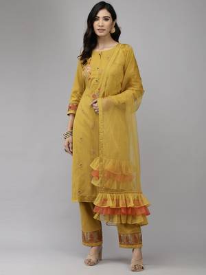 Indo Era Yellow Embroidered Straight Kurta Trouser With Dupatta Set 1