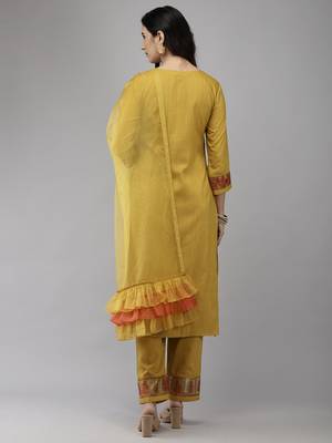 Indo Era Yellow Embroidered Straight Kurta Trouser With Dupatta Set 2