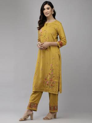 Indo Era Yellow Embroidered Straight Kurta Trouser With Dupatta Set 3