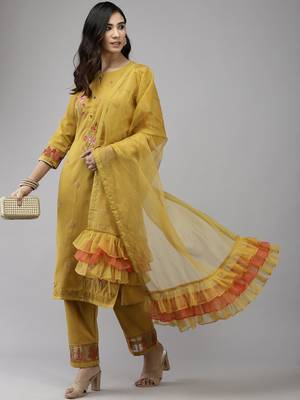 Indo Era Yellow Embroidered Straight Kurta Trouser With Dupatta Set 4