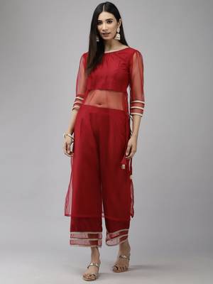 Indo Era Red Solid Straight Kurta With Palazzo Set 1