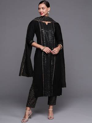 Indo Era Black Sequinned Straight Kurta Trouser With Dupatta Set 1