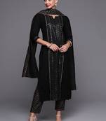 Indo Era Black Sequinned Straight Kurta Trouser With Dupatta Set