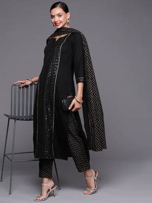 Indo Era Black Sequinned Straight Kurta Trouser With Dupatta Set 4