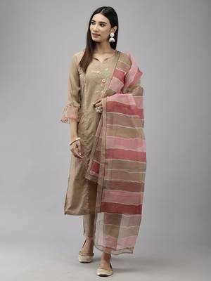 Indo Era Beige Embroidered Straight Kurta Trouser With Dupatta Set 1