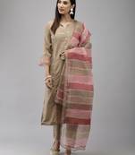 Indo Era Beige Embroidered Straight Kurta Trouser With Dupatta Set