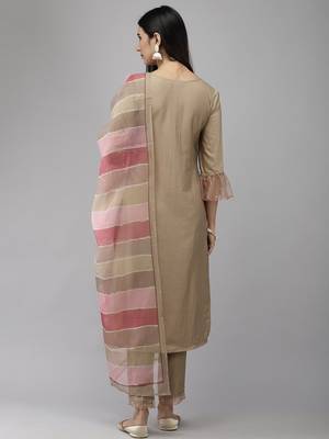 Indo Era Beige Embroidered Straight Kurta Trouser With Dupatta Set 2