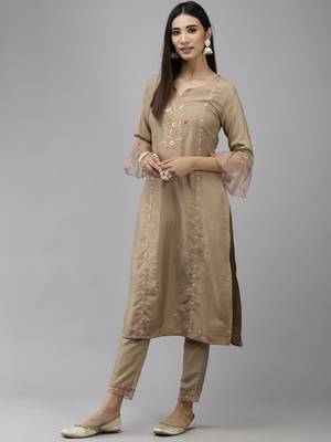 Indo Era Beige Embroidered Straight Kurta Trouser With Dupatta Set 3