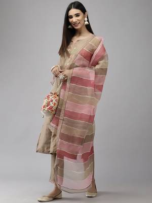 Indo Era Beige Embroidered Straight Kurta Trouser With Dupatta Set 4