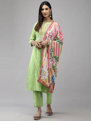 Indo Era Green Embroidered Straight Kurta Trouser With Dupatta Set 1
