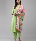 Indo Era Green Embroidered Straight Kurta Trouser With Dupatta Set