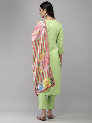 Indo Era Green Embroidered Straight Kurta Trouser With Dupatta Set 2