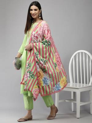 Indo Era Green Embroidered Straight Kurta Trouser With Dupatta Set 4