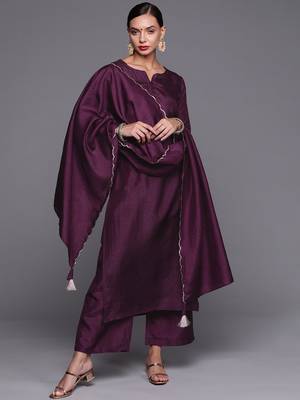 Indo Era Wine Solid Straight Kurta Palazzo With Dupatta Set 1