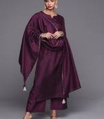 Indo Era Wine Solid Straight Kurta Palazzo With Dupatta Set