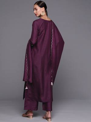 Indo Era Wine Solid Straight Kurta Palazzo With Dupatta Set 2