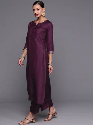 Indo Era Wine Solid Straight Kurta Palazzo With Dupatta Set 3