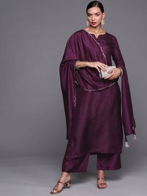 Indo Era Wine Solid Straight Kurta Palazzo With Dupatta Set 4