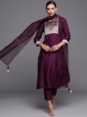 Indo Era Wine Solid Straight Kurta Palazzo With Dupatta Set 1