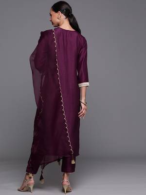 Indo Era Wine Solid Straight Kurta Palazzo With Dupatta Set 2