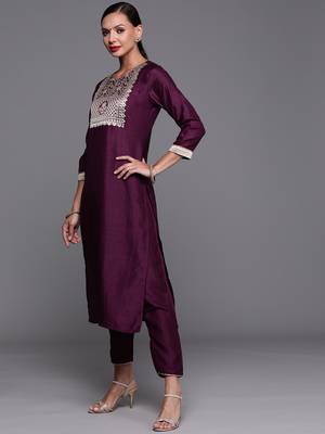 Indo Era Wine Solid Straight Kurta Palazzo With Dupatta Set 3