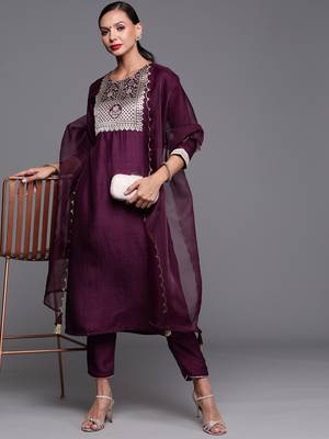 Indo Era Wine Solid Straight Kurta Palazzo With Dupatta Set 4