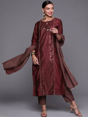 Indo Era Wine Sequinned Straight Kurta Trouser With Dupatta Set 1