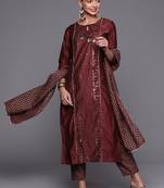 Indo Era Wine Sequinned Straight Kurta Trouser With Dupatta Set