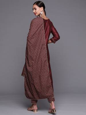 Indo Era Wine Sequinned Straight Kurta Trouser With Dupatta Set 2