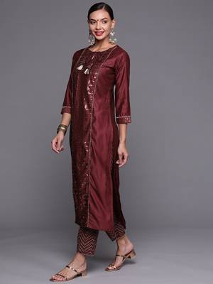 Indo Era Wine Sequinned Straight Kurta Trouser With Dupatta Set 3