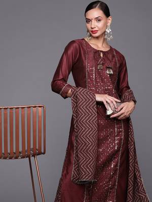 Indo Era Wine Sequinned Straight Kurta Trouser With Dupatta Set 4