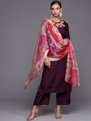 Indo Era Wine Embroidered Straight Kurta Palazzo With Dupatta Set 1