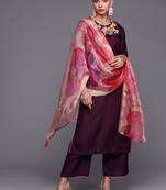 Indo Era Wine Embroidered Straight Kurta Palazzo With Dupatta Set
