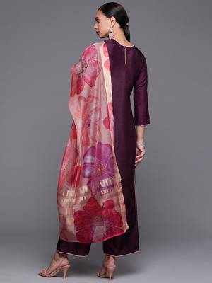 Indo Era Wine Embroidered Straight Kurta Palazzo With Dupatta Set 2