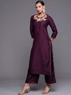 Indo Era Wine Embroidered Straight Kurta Palazzo With Dupatta Set 3