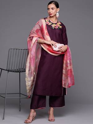 Indo Era Wine Embroidered Straight Kurta Palazzo With Dupatta Set 4