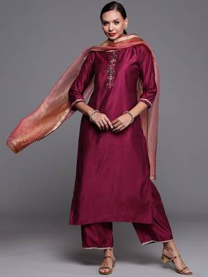 Indo Era Wine Solid Straight Kurta Trouser With Dupatta Set 1
