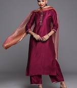 Indo Era Wine Solid Straight Kurta Trouser With Dupatta Set