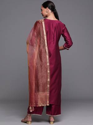 Indo Era Wine Solid Straight Kurta Trouser With Dupatta Set 2