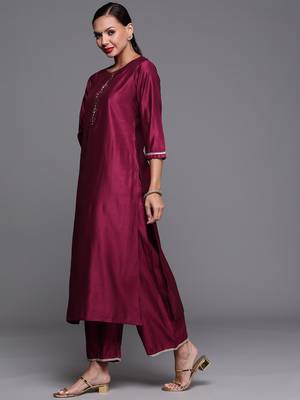 Indo Era Wine Solid Straight Kurta Trouser With Dupatta Set 3