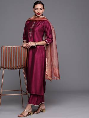 Indo Era Wine Solid Straight Kurta Trouser With Dupatta Set 4