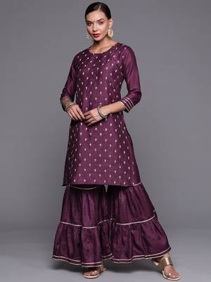 Indo Era Wine Embroidered Straight Kurta With Sharara Set 1