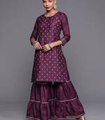 Indo Era Wine Embroidered Straight Kurta With Sharara Set
