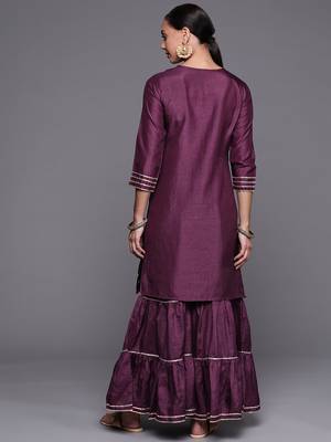 Indo Era Wine Embroidered Straight Kurta With Sharara Set 2