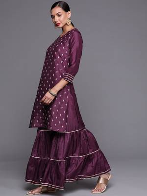 Indo Era Wine Embroidered Straight Kurta With Sharara Set 3