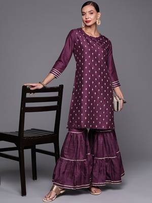 Indo Era Wine Embroidered Straight Kurta With Sharara Set 4