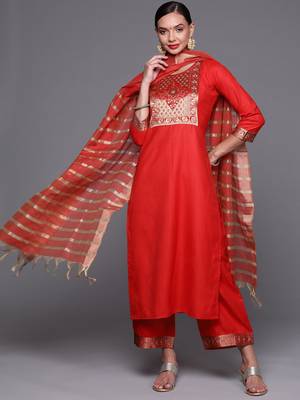 Indo Era Solid Red Straight Kurta Palazzo With Dupatta Set 1