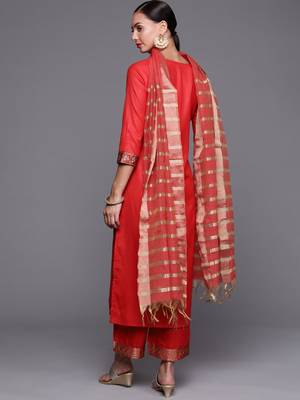 Indo Era Solid Red Straight Kurta Palazzo With Dupatta Set 2