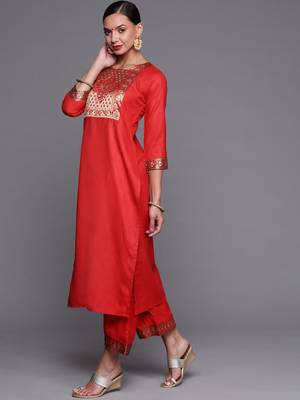 Indo Era Solid Red Straight Kurta Palazzo With Dupatta Set 3